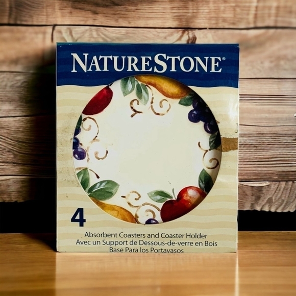 ABSORBENT NATURESTONE COASTER Set Bella Fruit 4 Ceramic COASTER & COASTER Holder - Picture 1 of 4